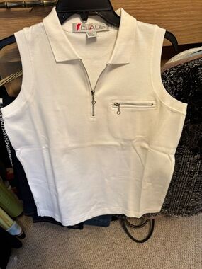 Chaus White Sleeveless Polo Tank with Zip Details